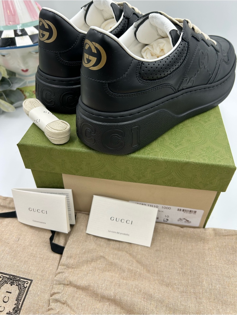 Men's Gucci GG embossed black leather sneakers size 10 fits 10.5 US made Italy - Picture 7 of 15